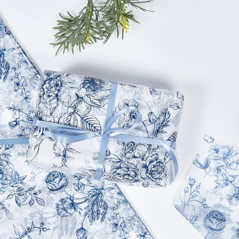 EROMAP 120 Sheets Blue Floral Tissue Paper Chinoiserie Gift Wrapping Paper Vintage Blue White Flowers Packaging Patterned Bulk for Baby Shower Wedding Birthday Party Decor, 14 x 20 Inch - Image 4